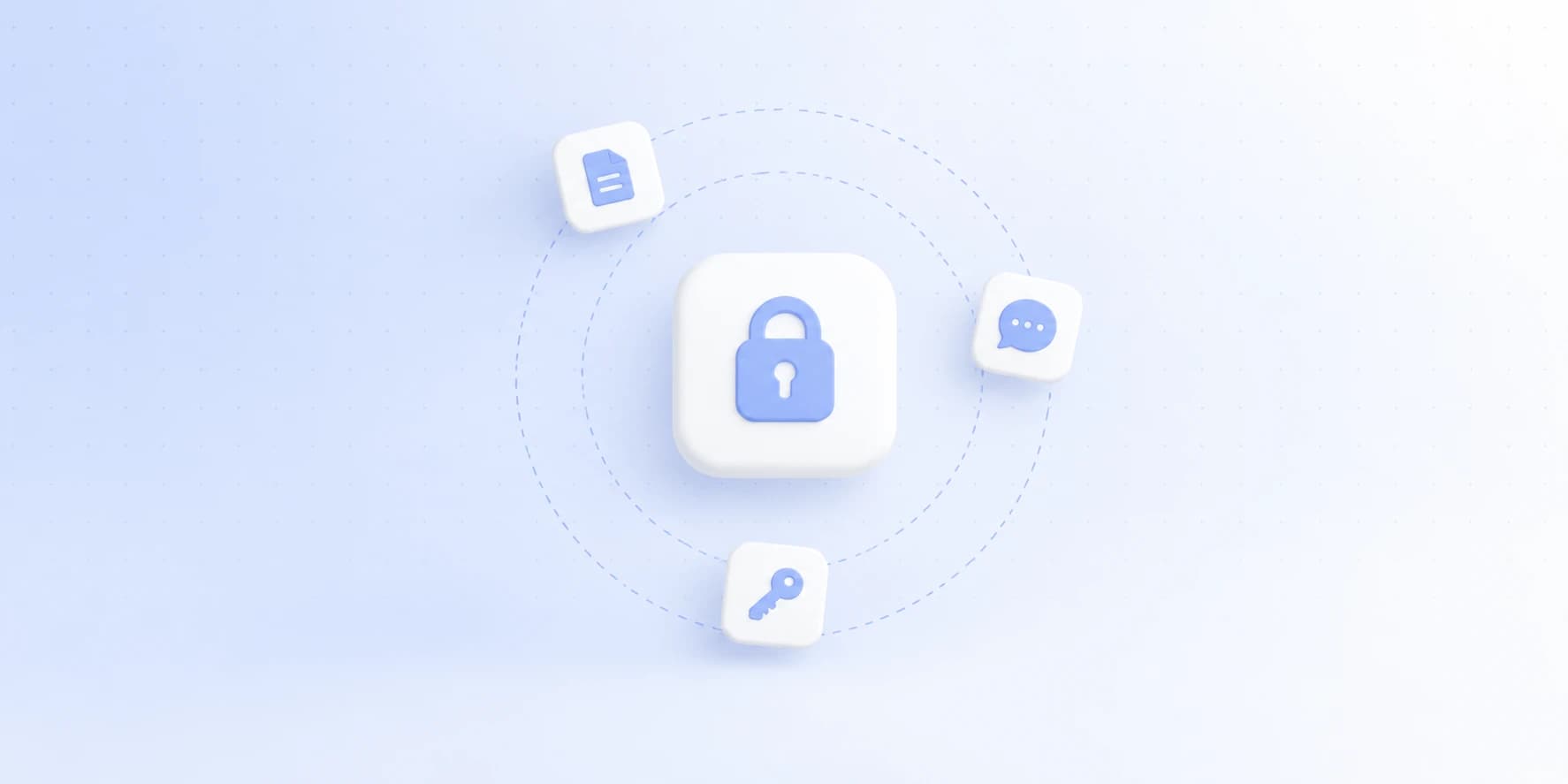 A padlock among dashed rings, with a document, a chat bubble and a key around it.